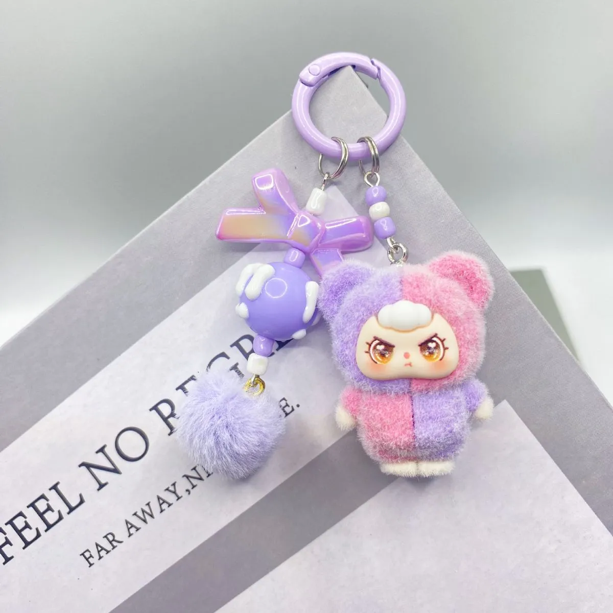 Bow Flocked Color-Block Cartoon Keychain Doll – Cute Plush Backpack Pendant, Student Bag Charm & Car Key Accessory